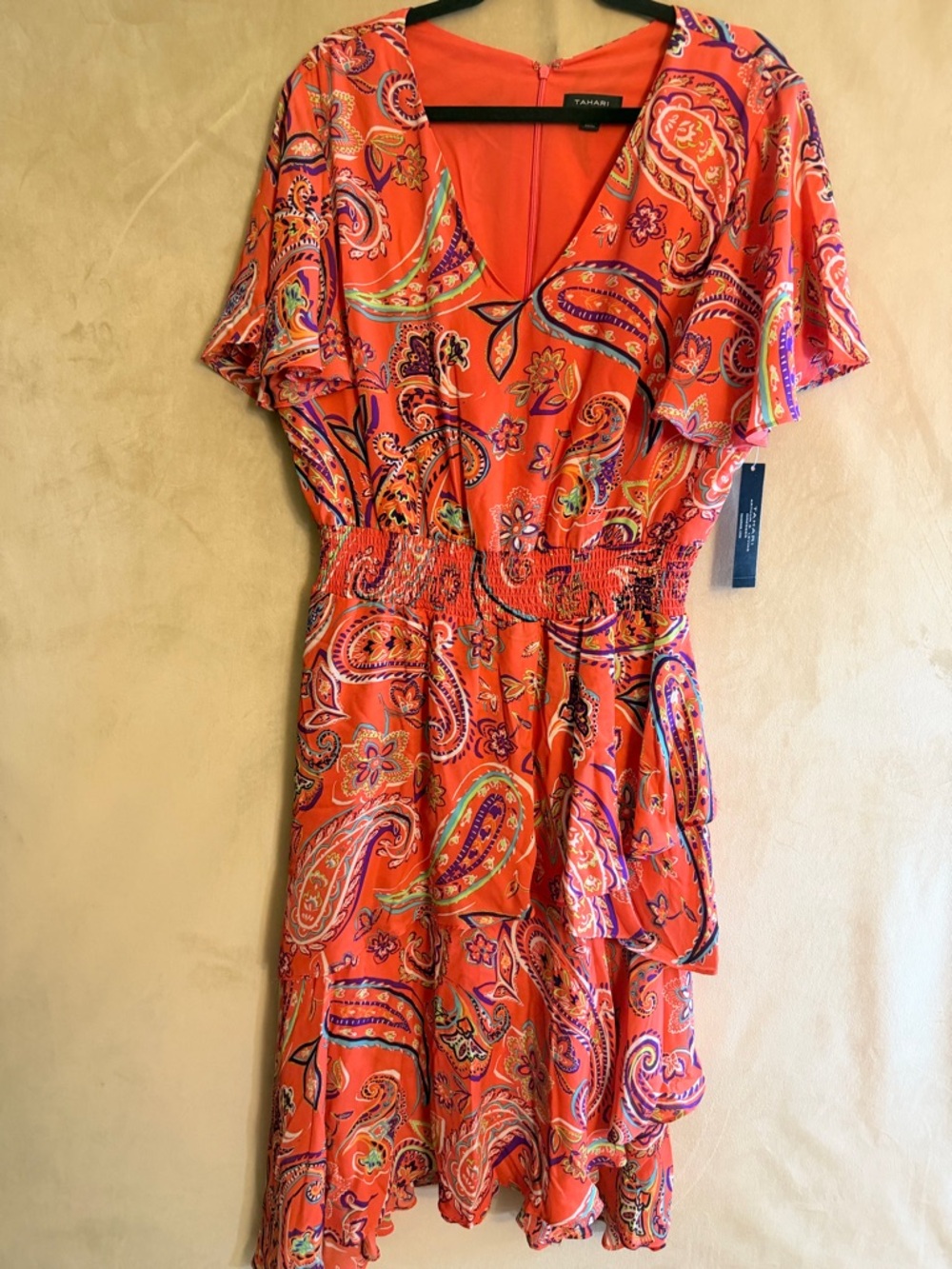 Tahari Orange Paisley V-Neck Smocked Waist Mini Dress